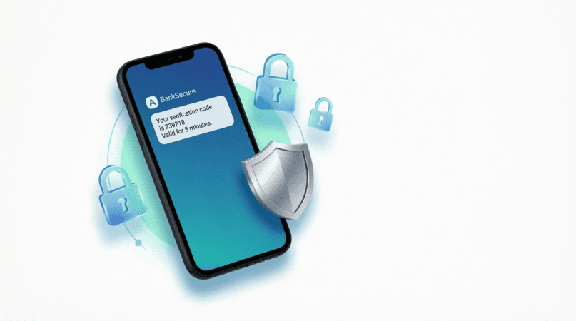 A person securely using a smartphone to receive an SMS verification code online, with digital privacy, shield, and lock icons subtly integrated into the background.